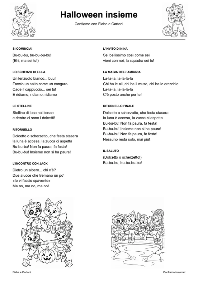 Il testo completo della canzone Halloween insieme, su una pagina con piccoli disegni.