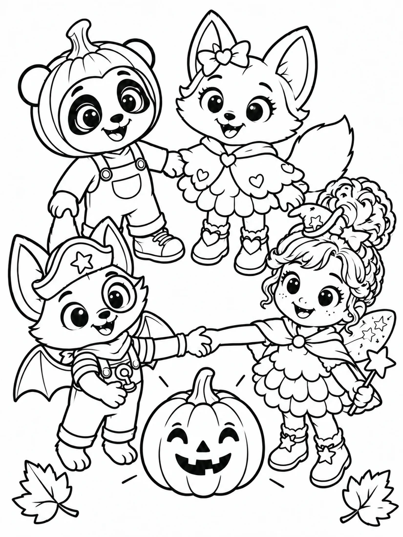 La tavola da colorare del girotondo: Lilla, Teo, Nina e Jack si tengono per mano.