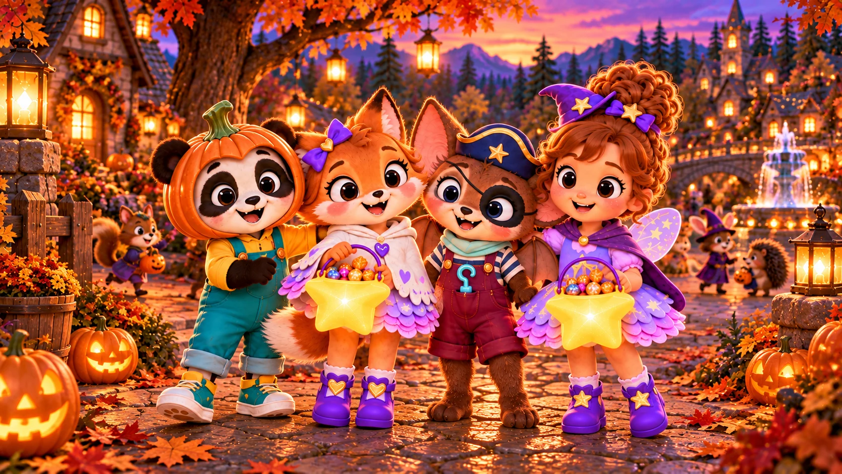 Teo, Lilla, Jack e Nina festeggiano Halloween con le loro stelline luminose.