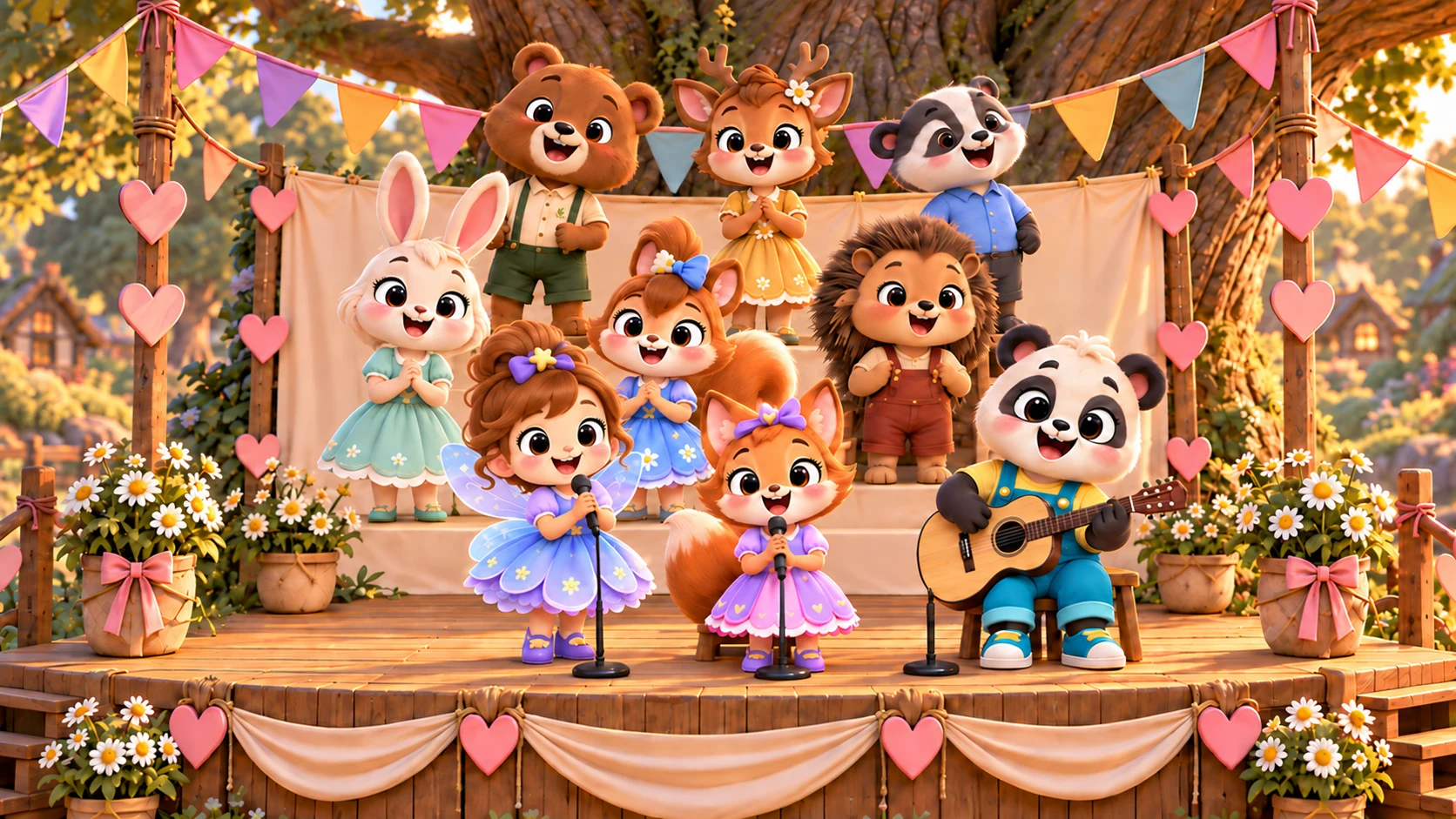 Nina, Lilla e Teo cantano sul palco durante la festa dei nonni.